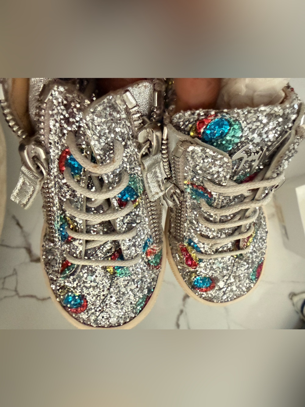 Giuseppe Zanotti Silver Glitter Kids Sneakers with Multicolor Accents